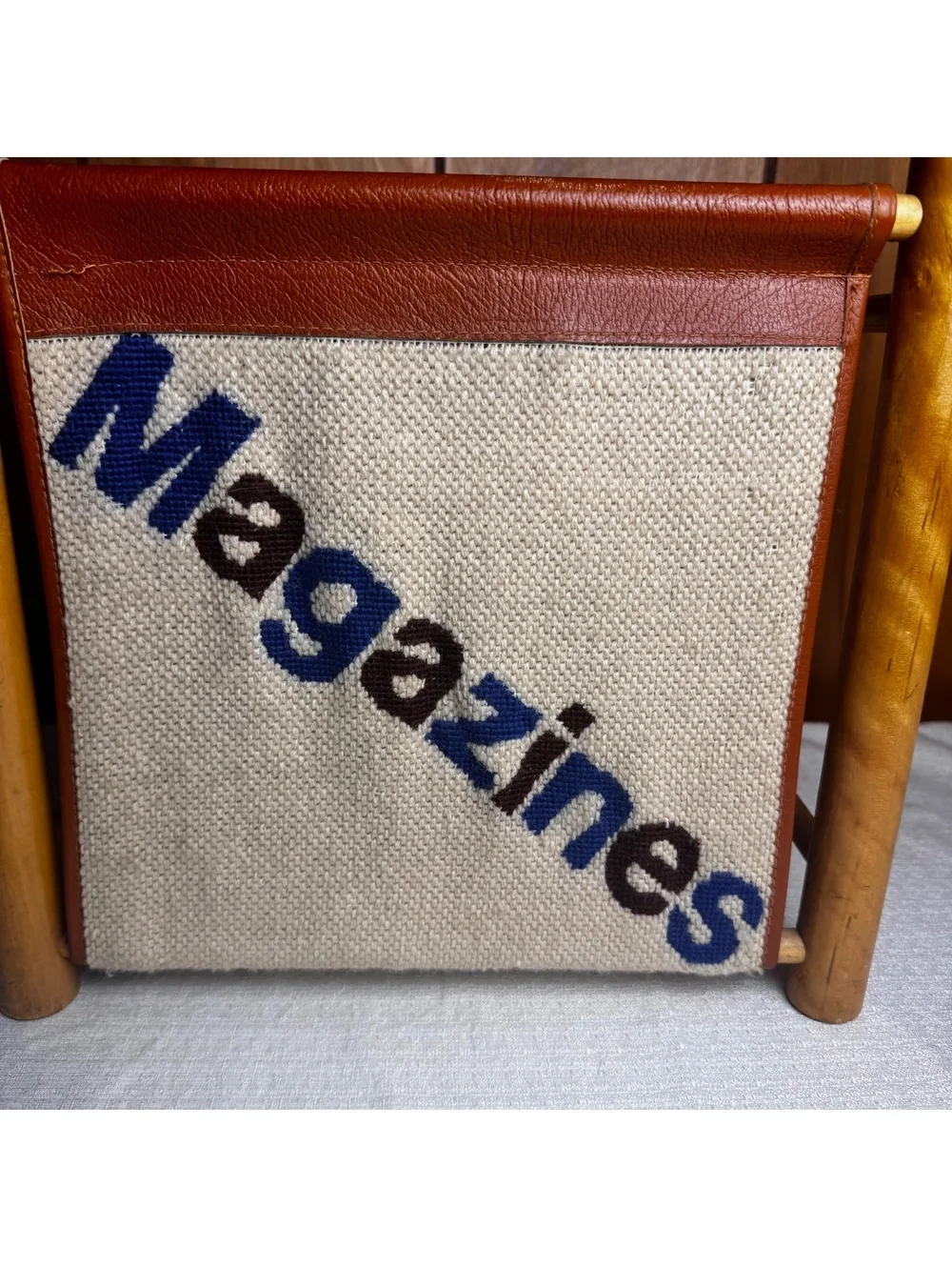 Vintage Wooden Magazine Rack Brown Leather Canvas Sling Holder Mid Century 13x12